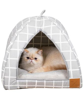 Mog & Bone Cat Igloo Bed with Fleecy Cushion - Grey Check