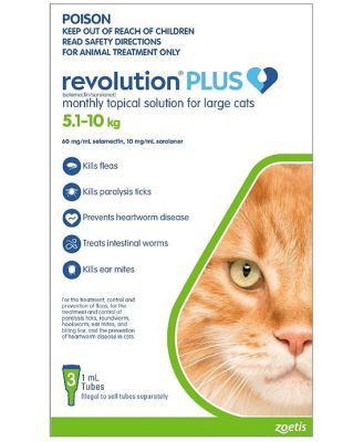 Revolution PLUS Flea, Worm & Tick Topical Prevention for Large Cats 5.1-10kg - 3-Pack