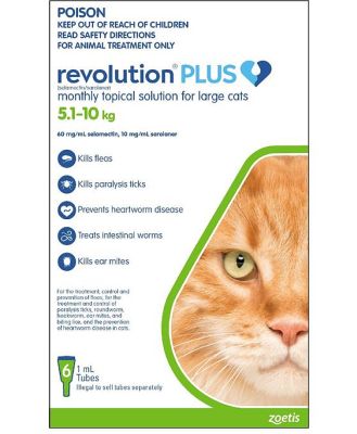 Revolution PLUS Flea, Worm & Tick Topical Prevention for Large Cats 5.1-10kg - 6-Pack