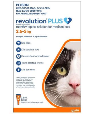 Revolution PLUS Flea, Worm & Tick Topical Prevention for Medium Cats 2.6-5kg - 3-Pack
