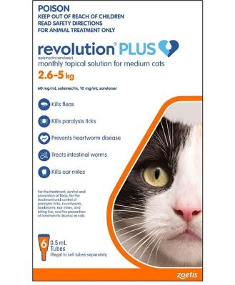 Revolution PLUS Flea, Worm & Tick Topical Prevention for Medium Cats 2.6-5kg - 6-Pack