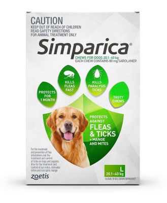Simparica Flea & Tick Tablets for Large Dogs 20.1-40kgs-3-Pack
