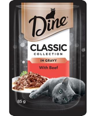 Dine Classic Collection In Gravy With Beef Wet Cat Food Pouch 15 X 85g