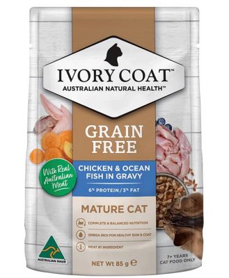 Ivory Coat Grain Free Wet Cat Food Mature Chicken Fish Gravy 12 X 85g