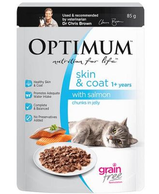 Optimum Grain Free Skin And Coat Wet Cat Food Salmon In Jelly Pouch 15 X 85g