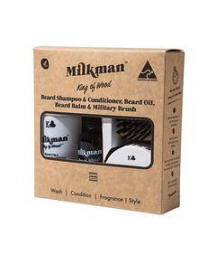 Milkman King of Wood 2 in 1 Beard Shampoo & Conditioner 100mL, Beard Oil 50mL, Beard Balm 60mL & Military Beard Brush Gift Set