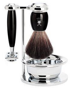 Muhle VIVO 4-Piece Shaving Set - Black Resin with Closed Comb Safety Razor, Black Fibre Shaving Brush, Stand & Bowl