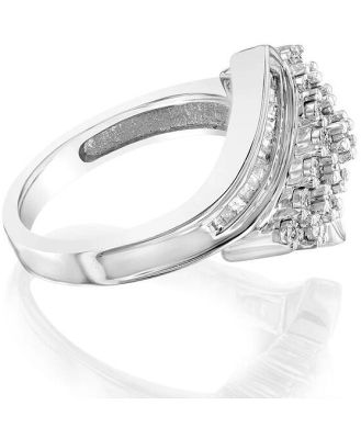 Sterling Silver 1/3 Carat Diamond Ring With Round and Baguette Cut Diamonds, N