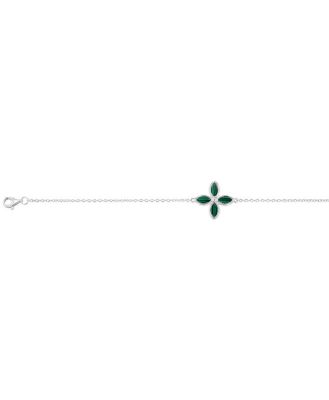 Sterling Silver Rhodium Plated Created Malachite Four Petal 16+4cm Bracelet