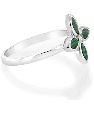 Sterling Silver Rose Rhodium Plated Created Malachite Four Petal Ring