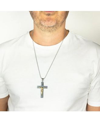 Stainless Steel Black And Gold Two Tone Crucifix Pendant On 60.9cm Ball Chain