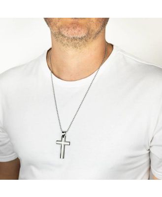 Stainless Steel Black And Silver Two Tone Cross Pendant On 60.9cm Ball Chain