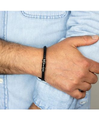 Stainless Steel Black Leather 21cm Bracelet