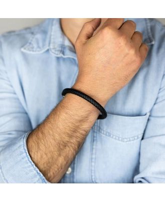 Stainless Steel Black Leather And Oxidized Open Bangle