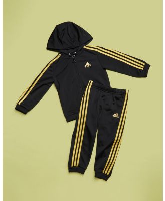 adidas Sportswear - Essentials Shiny Hooded Track Suit   Babies Kids - 2 Piece (Black & Gold Metallic) Essentials Shiny Hooded Track Suit - Babies-Kids