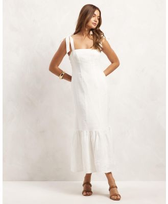 AERE - Embroidered Linen Tie Shoulder Midi Dress - Dresses (White) Embroidered Linen Tie Shoulder Midi Dress