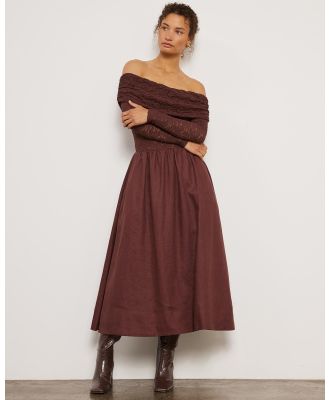 AERE - Linen & Lace Mixed Media Off Shoulder Gathered Skirt Midi Dress - Dresses (Chocolate Brown) Linen & Lace Mixed Media Off Shoulder Gathered Skirt Midi Dress