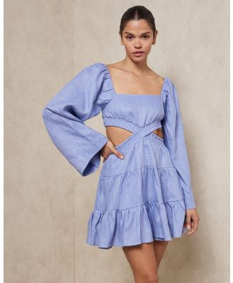 AERE - Long Sleeve Shirred Cross Front Mini Dress - Dresses (Calm Blue) Long Sleeve Shirred Cross Front Mini Dress
