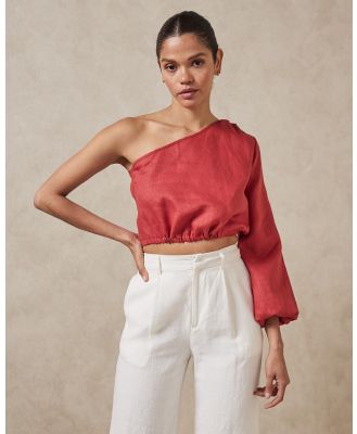 AERE - One Shoulder Linen Top - Cropped tops (Brick Red) One Shoulder Linen Top