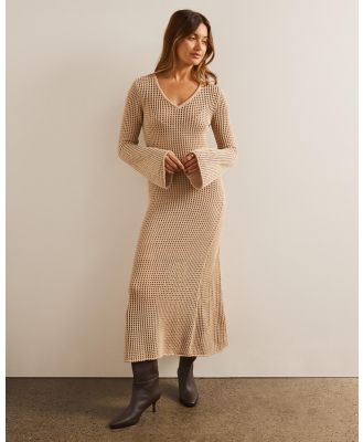 AERE - Open Knit Lined Flared Sleeve Panelled Skirt Midi Dress - Dresses (Walnut) Open Knit Lined Flared Sleeve Panelled Skirt Midi Dress
