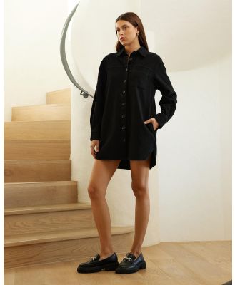 AERE - Organic Cotton Twill Relaxed Mini Shirt Dress - Dresses (Black) Organic Cotton Twill Relaxed Mini Shirt Dress