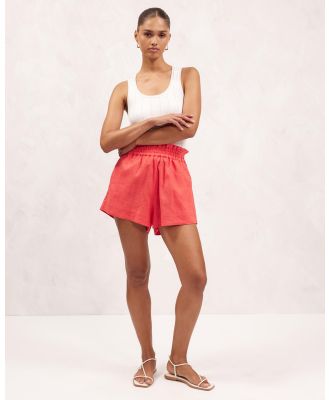 AERE - Paper Bag Waist Linen Blend Shorts - High-Waisted (Cherry) Paper Bag Waist Linen Blend Shorts