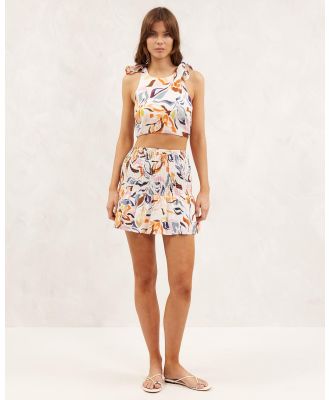 AERE - Ruched LInen Mini Skirt - Skirts (Watercolour Floral Print) Ruched LInen Mini Skirt