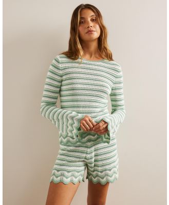 AERE - Scalloped Hem Open Knit Top - Jumpers & Cardigans (Green Multi Stripe) Scalloped Hem Open Knit Top