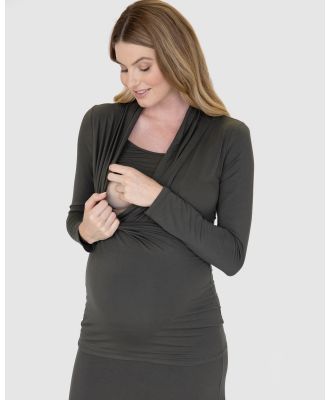 Angel Maternity - Maternity V Neck Cross Over Bamboo Long Sleeve Top in Olive Green - Tops (Olive Green) Maternity V-Neck Cross-Over Bamboo Long Sleeve Top in Olive Green