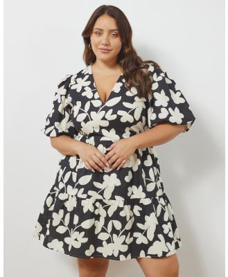 Atmos&Here Curvy - Gia Puff Sleeve Linen Blend Mini Dress - Dresses (Black Floral) Gia Puff Sleeve Linen Blend Mini Dress