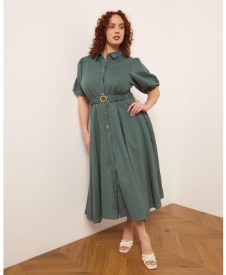 Atmos&Here Curvy - Kirrie Linen Blend Belted Midi Dress - Dresses (Botanic Green) Kirrie Linen Blend Belted Midi Dress