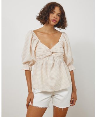 Atmos&Here - Gingham Twist Front Blouse - Tops (Beige & Cream Gingham) Gingham Twist Front Blouse