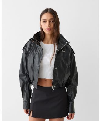 Bershka - ‘80s Leather Effect Jacket - Coats & Jackets (Black) ‘80s Leather Effect Jacket