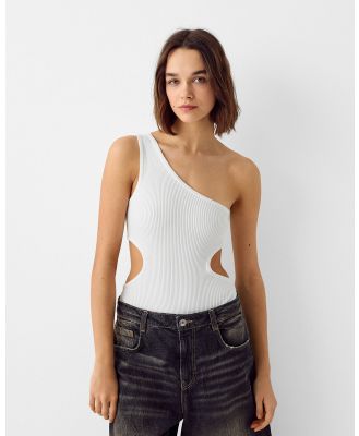 Bershka - Asymmetric Bodysuit With Cut out Detail - T-Shirts & Singlets (White) Asymmetric Bodysuit With Cut-out Detail