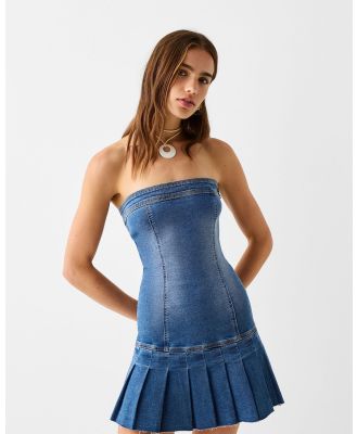 Bershka - Box Pleat Denim Mini Dress - Dresses & Onesies (Light blue) Box Pleat Denim Mini Dress