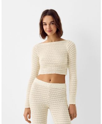 Bershka - Cropped Crochet Sweater - Jumpers & Cardigans (Cream) Cropped Crochet Sweater