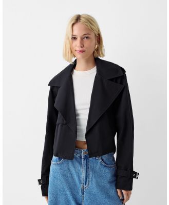 Bershka - Cropped Trench Coat With Buckle - Coats & Jackets (Black) Cropped Trench Coat With Buckle