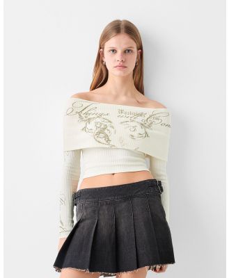 Bershka - Embroidered Long Sleeve Off the shoulder Sweater - Jumpers & Cardigans (Off white) Embroidered Long Sleeve Off-the-shoulder Sweater