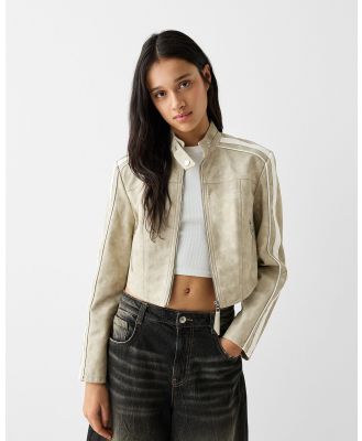 Bershka - Faux Leather Jacket With Side Stripes - Coats & Jackets (Sand) Faux Leather Jacket With Side Stripes