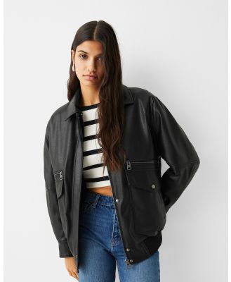 Bershka - Faux Leather Oversize Dad fit Jacket - Coats & Jackets (Black) Faux Leather Oversize Dad-fit Jacket