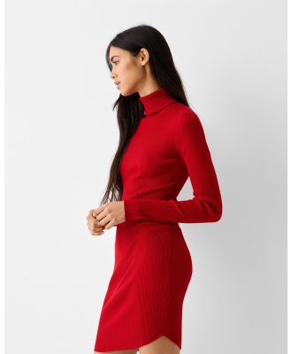 Bershka - Knit High Neck Mini Dress With Long Sleeves - Dresses & Onesies (Red) Knit High Neck Mini Dress With Long Sleeves