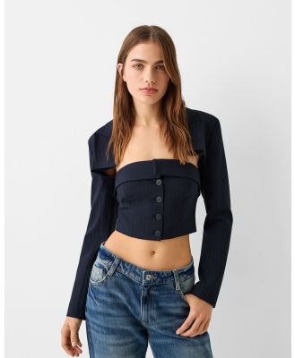 Bershka - Pinstripe Blazer - Coats & Jackets (Navy) Pinstripe Blazer