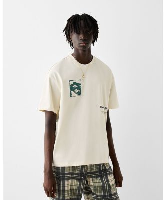 Bershka - Printed Embroidered Boxy fit Short Sleeve T shirt - T-Shirts & Singlets (Off white) Printed Embroidered Boxy-fit Short Sleeve T-shirt
