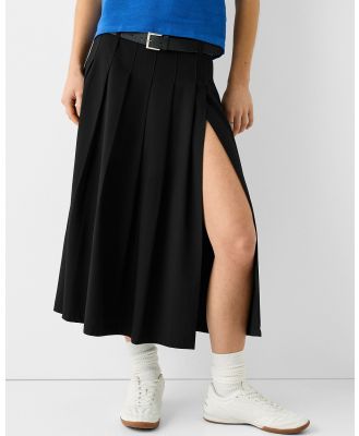 Bershka - Tailored Box Pleat Midi Skirt With Belt And Slit - Skirts (Black) Tailored Box Pleat Midi Skirt With Belt And Slit