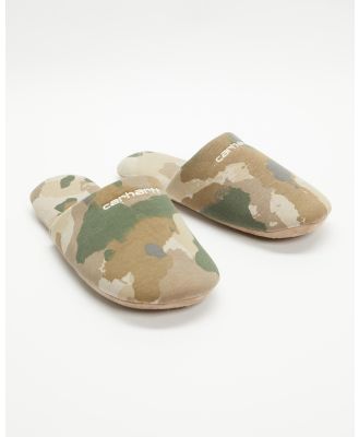 Carhartt - Script Embroidery Slippers   Unisex - Slippers & Accessories (Camo Tide Thyme & Wax) Script Embroidery Slippers - Unisex