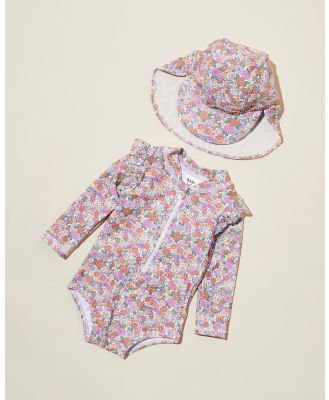 Cotton On Baby - Bundle Nicky LS Swimsuit & Sammy Swim Hat   Babies - One-Piece / Swimsuit (Rainy Day & Clay Pigeon Claire Floral) Bundle Nicky LS Swimsuit & Sammy Swim Hat - Babies
