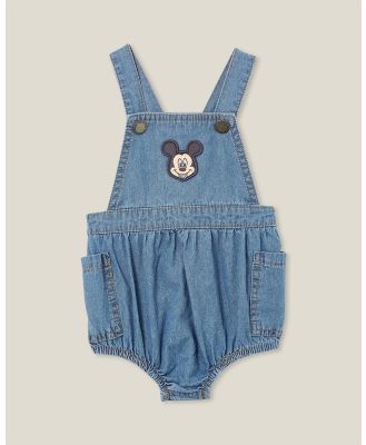 Cotton On Baby - Disney Mickey Marley Woven Frill Bubbysuit    Babies - Bodysuits (Licensed Mid Blue Chambray & Mickey Badge) Disney Mickey Marley Woven Frill Bubbysuit  - Babies