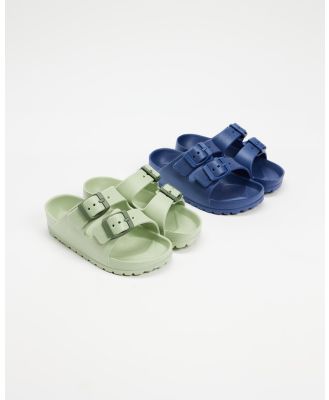 Cotton On Kids - 2 Pack Twin Strap Slides   Kids - Sandals (Gumnut Green, Dusk Blue & In The Navy) 2-Pack Twin Strap Slides - Kids