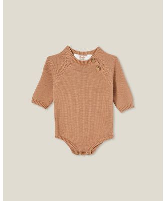 Cotton On Kids - Organic Newborn Knit Long Sleeve Bubbysuit - Tops (BROWN) Organic Newborn Knit Long Sleeve Bubbysuit