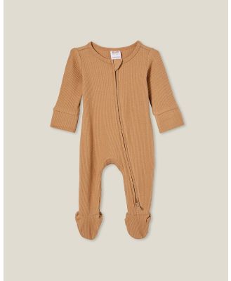 Cotton On Kids - Organic Pointelle Zip Romper - Tops (BROWN) Organic Pointelle Zip Romper